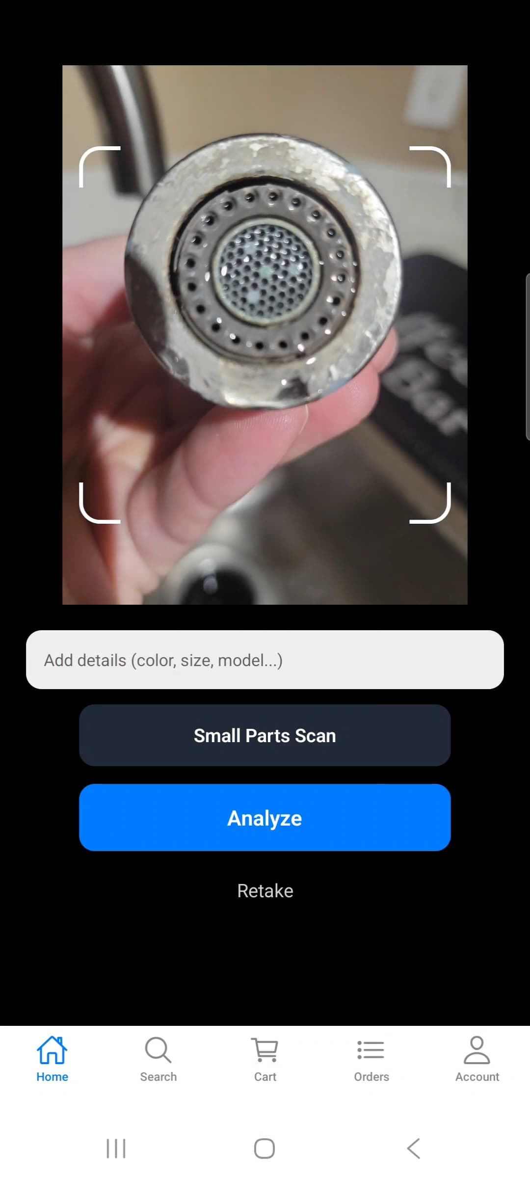 SnapShop AI camera screen with photo viewfinder and Analyze button