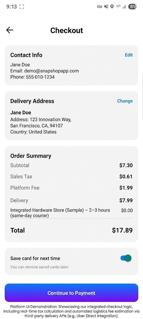 SnapShop AI checkout screen showing order summary with transparent pricing, platform fee, and delivery cost