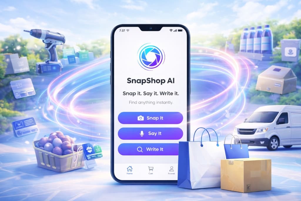 SnapShop AI mobile app showing Snap it, Say it, Write it interface with product discovery