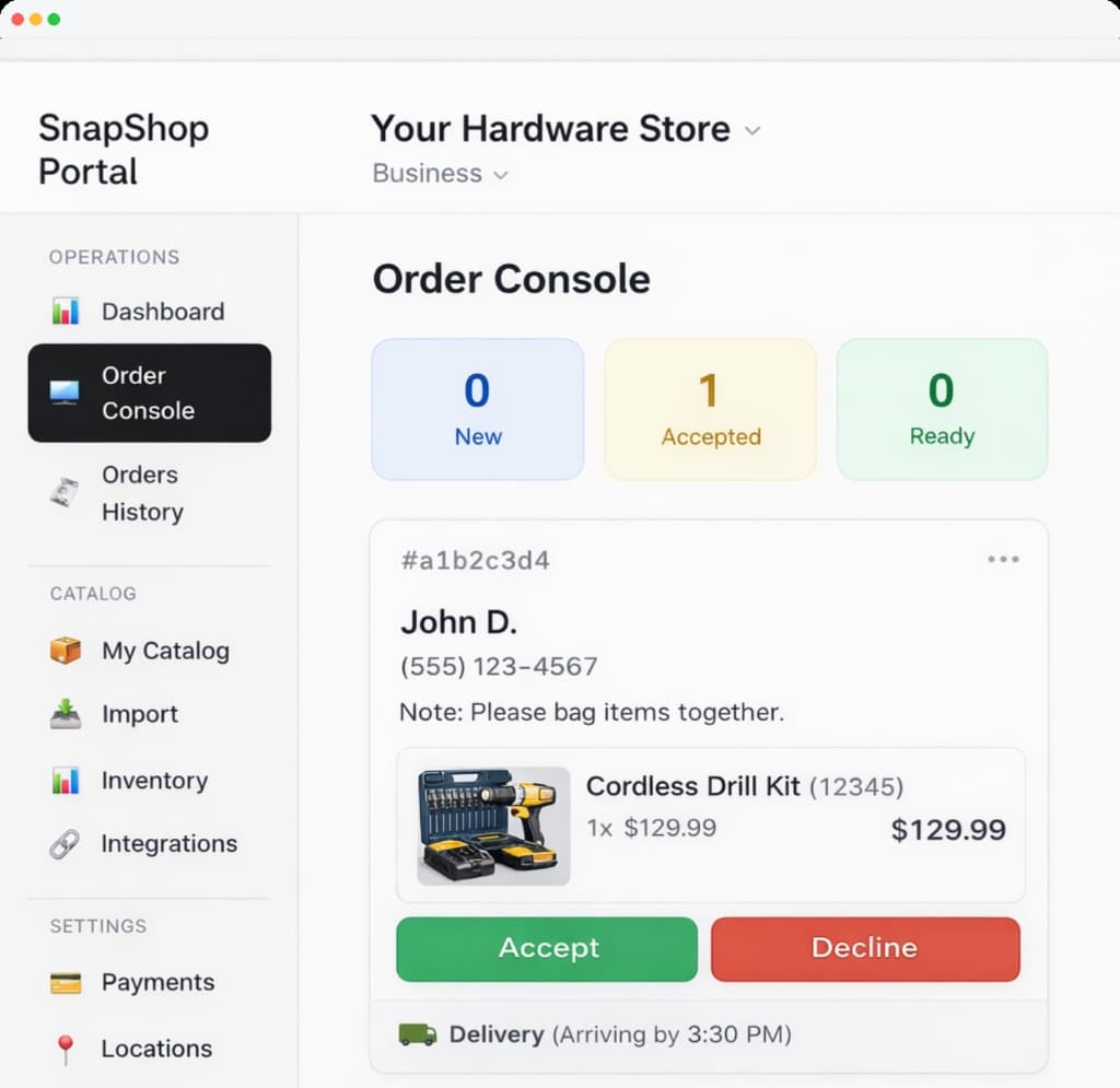 SnapShop Portal — Order Console showing incoming order with Accept and Decline actions