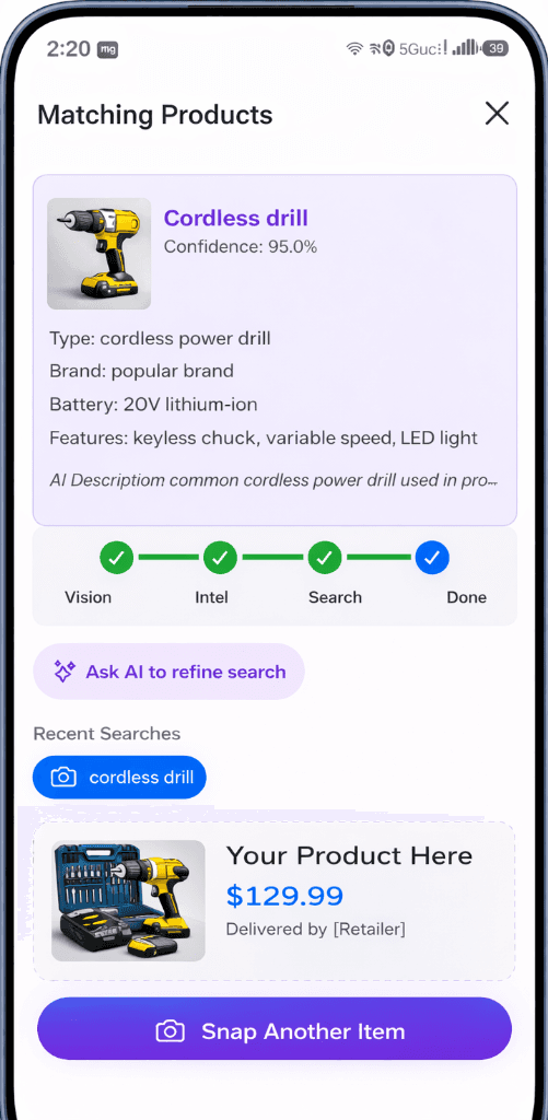 SnapShop mobile app showing Matching Products screen with 95% confidence result and retailer product listing