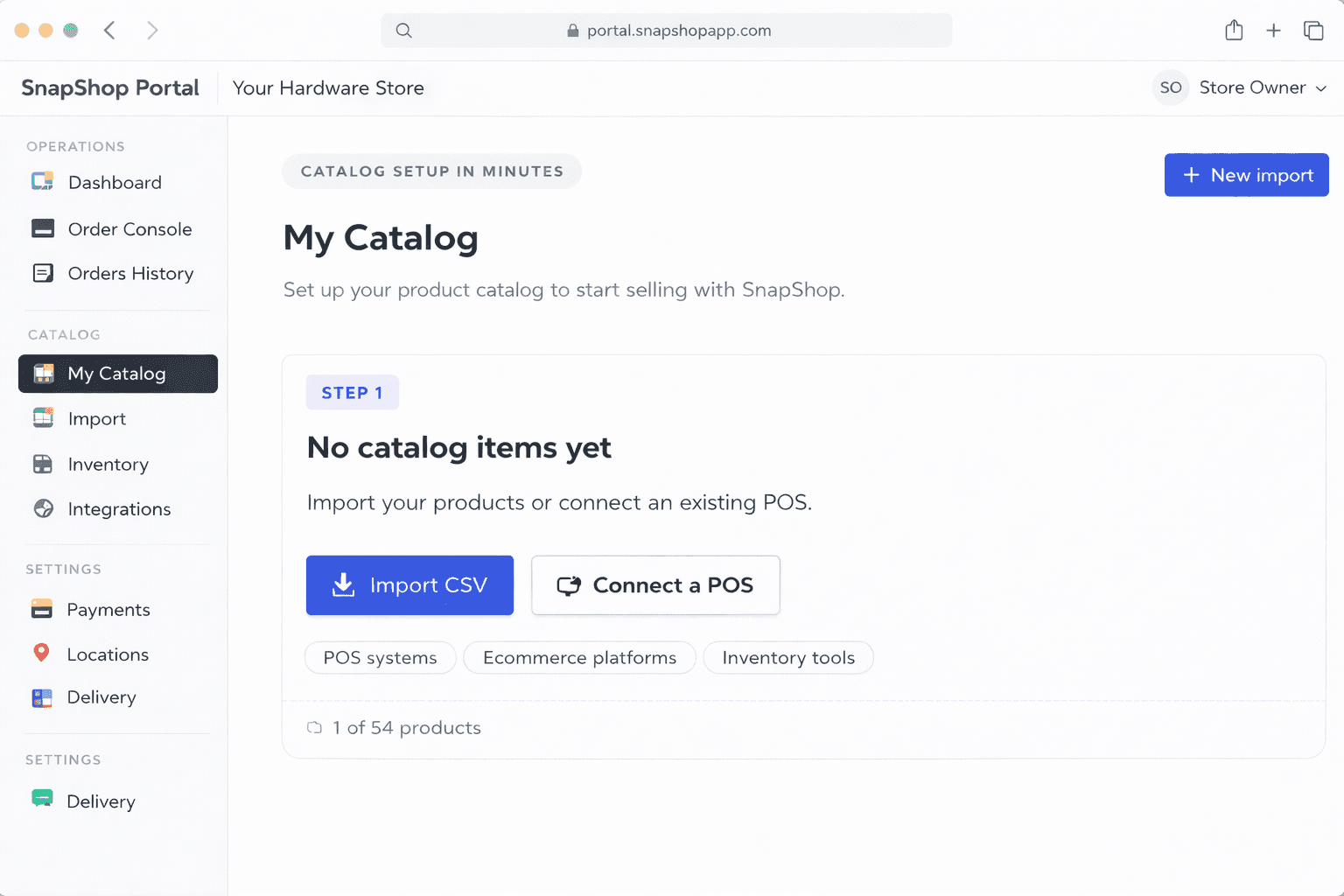 SnapShop Portal — Catalog page with CSV import and POS connection options