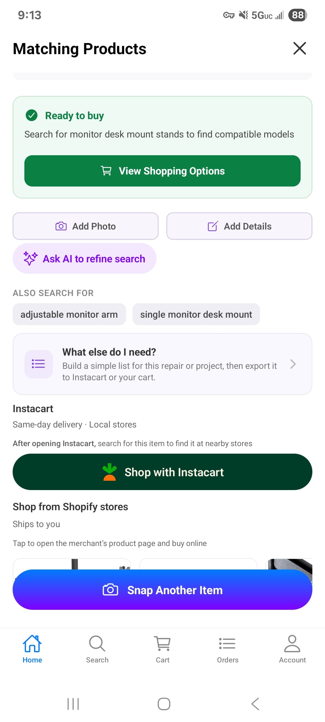 SnapShop AI results screen showing Ask AI to refine search, Add Photo, Add Details, and shopping options from Instacart and online stores