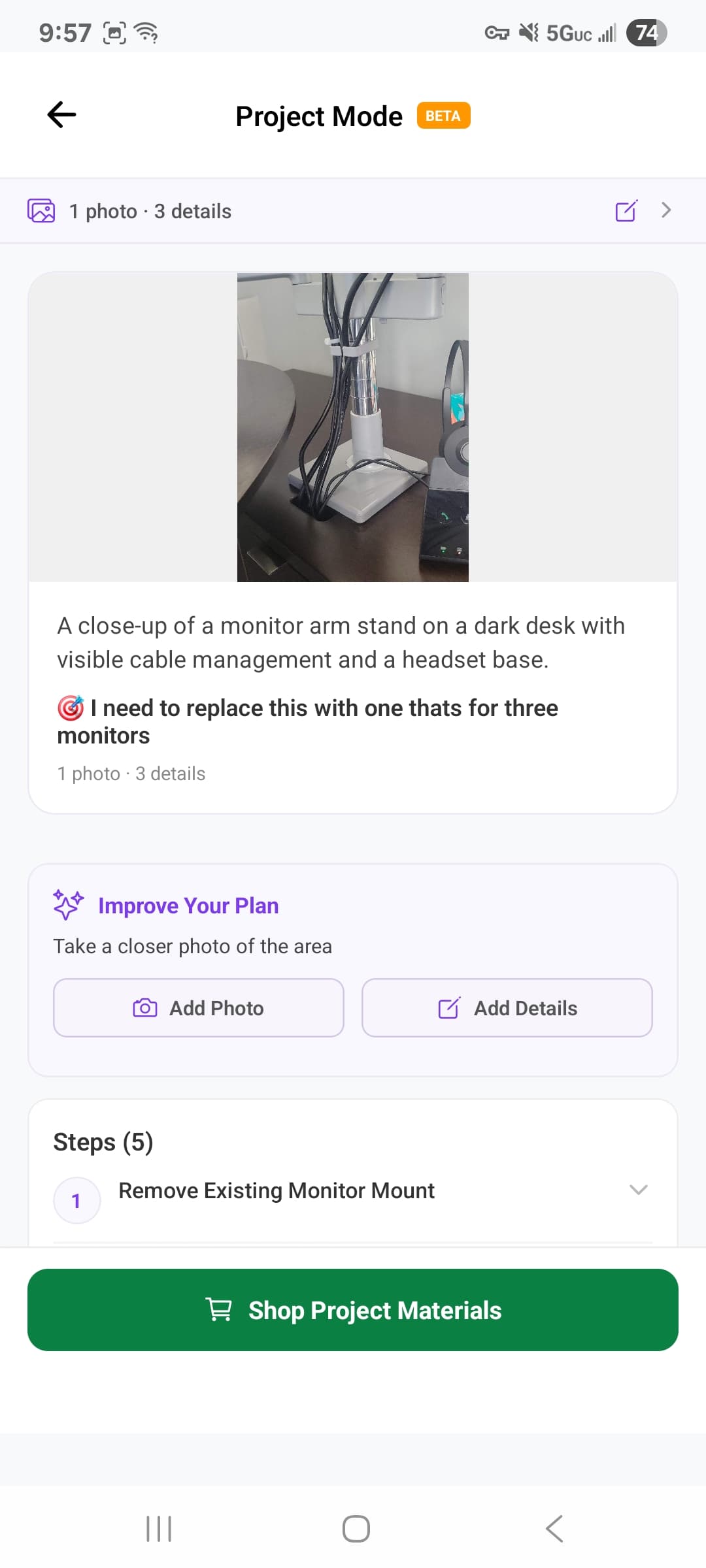 SnapShop AI Project Mode Beta showing a step-by-step repair plan generated from a photo with Shop Project Materials button
