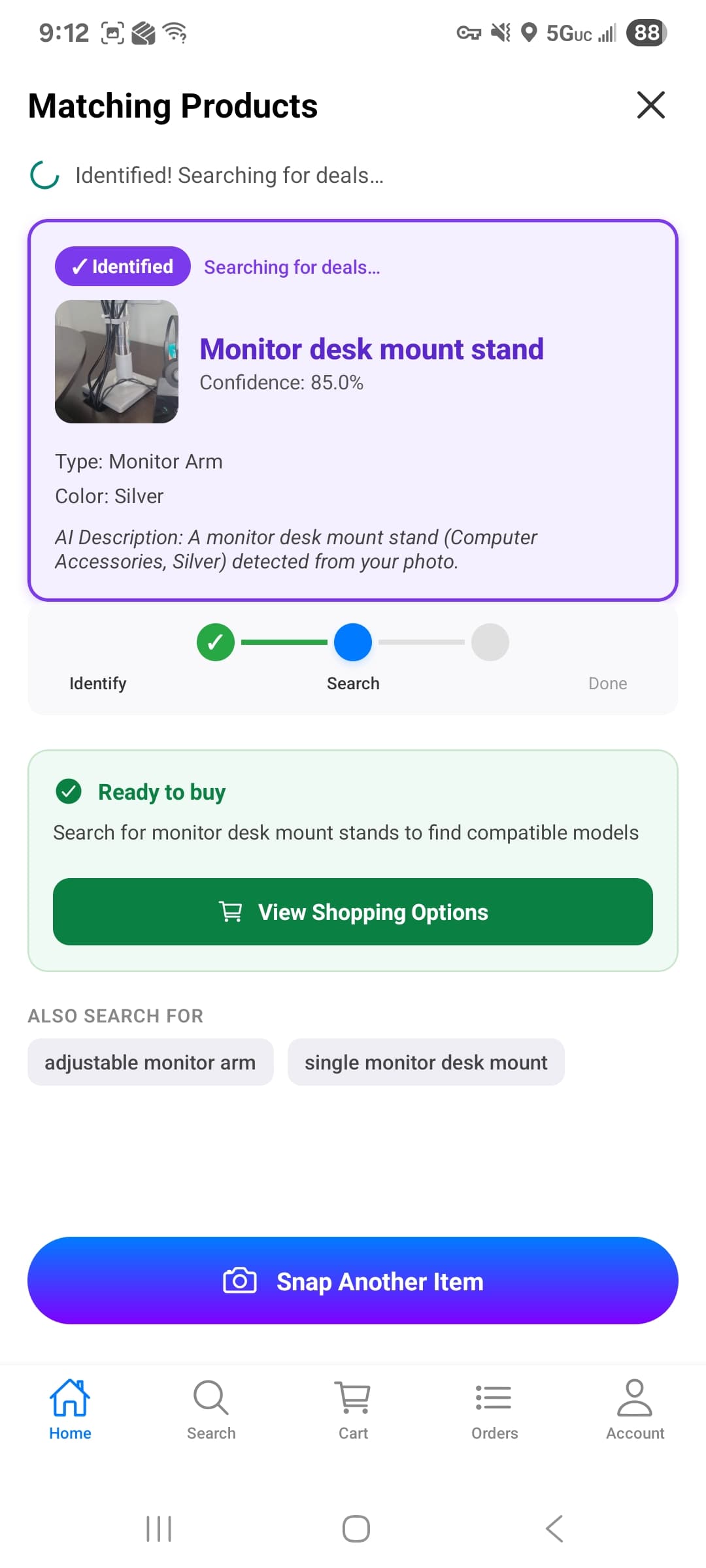 SnapShop AI results screen showing a monitor desk mount stand identified at 85% confidence with View Shopping Options button