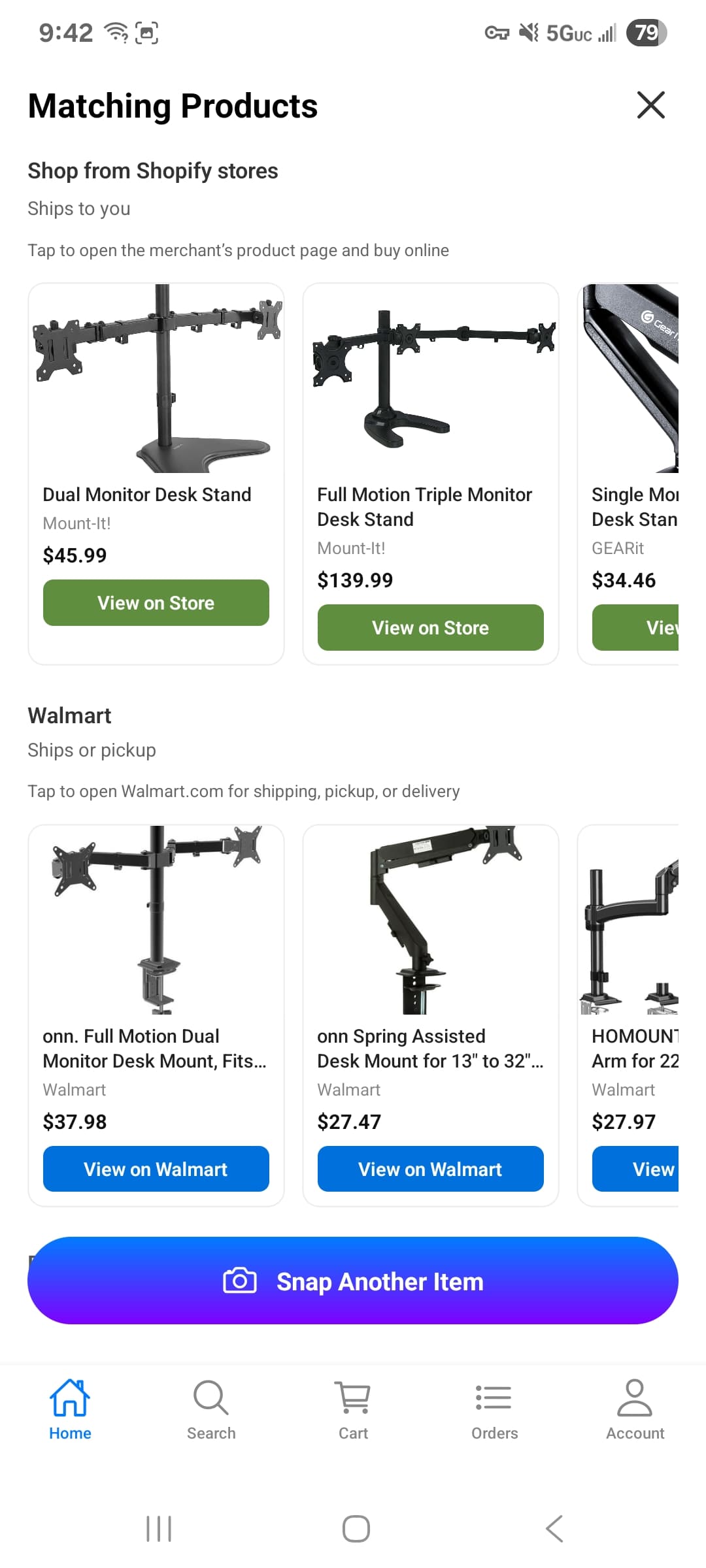 SnapShop AI showing matching monitor stand options from Shopify stores and Walmart with prices and View on Store buttons